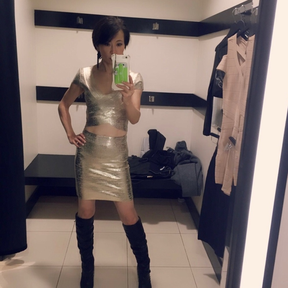 Bebe gold foil bandage sexy skirt set xs
